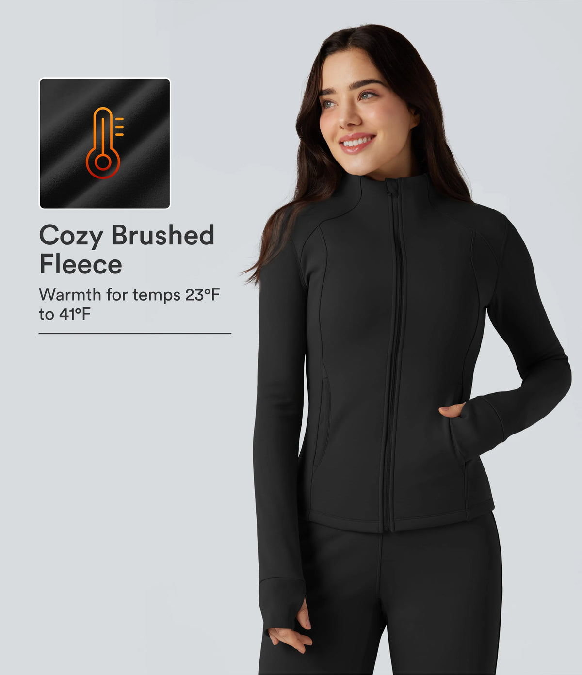 Long Sleeve Thumb Hole Fleece Workout Jacket with Pockets