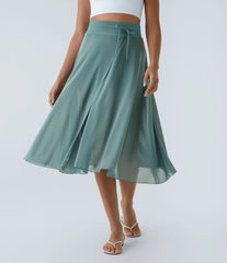 High Waisted Drawstring Contrast Mesh 2-in-1 Pocket Flowy Midi Flare Casual Skirt