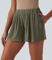 Ribbed Knit Mid Rise Casual Baggy Shorts with Pockets
