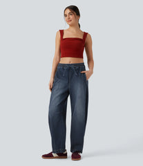 Halara Flex™ Mid Rise Drawstring Barrel Leg Washed Casual Baggy Sweatpants Jeans with Pockets