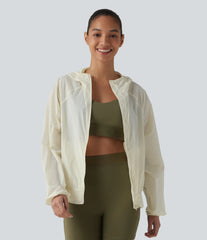 Hooded Long Sleeve Ruffle Hem Workout Jacket with Pockets-UPF40+