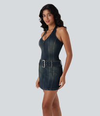 Halara Flex™ Halter Zipper Belted Bodycon Mini Washed Denim Casual Dress