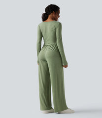 Henley Long Sleeve Drawstring Heathered Casual Baggy Jumpsuit with Pockets-Easy Peezy