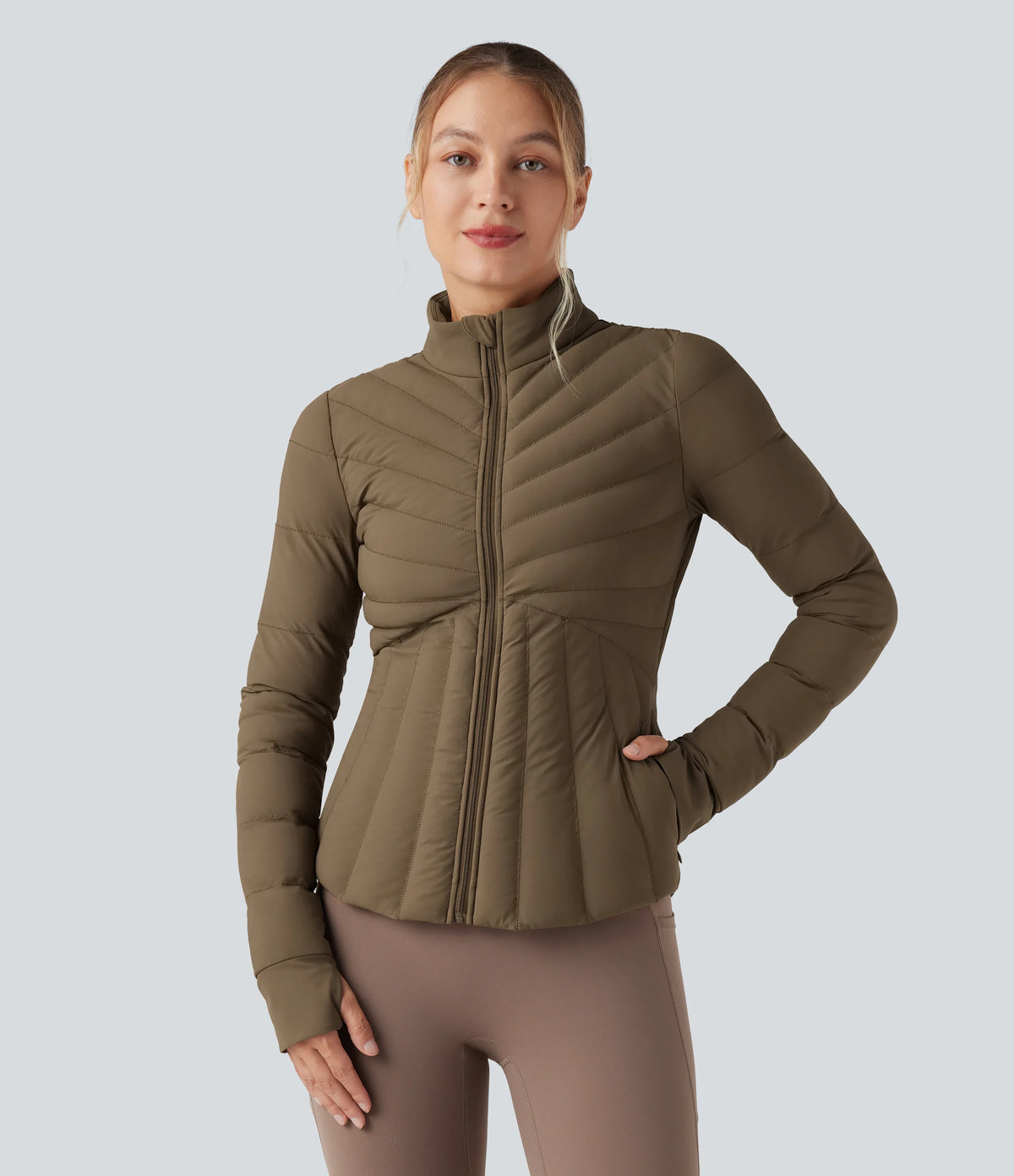 PuffFlex Stand Collar Thumb Holes Stretchy Workout Padded Jacket with Pockets