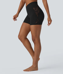 SoftlyZero™ High Waisted Crossover Contrast Lace Pocket Yoga Biker Shorts 5''-UPF50+