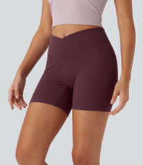 High Waisted Crossover Pocket Waffle Yoga Biker Shorts 5''
