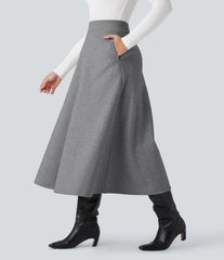High Waisted Fleece Midi Casual A-line Skirt with Pockets
