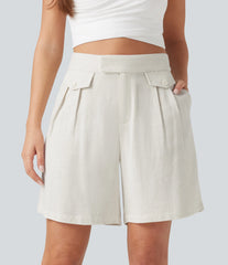 High Waisted Casual Linen-Blend Shorts 6'' with Pockets