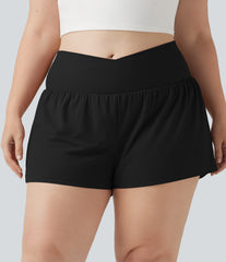 SoftlyZero™ Airy Crossover High Waisted 2-in-1 InstantCool Yoga Plus Size Shorts 3'' with Pockets