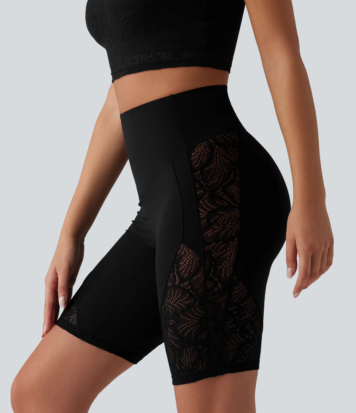 Halara UltraSculpt™ High Waisted Tummy Control Contrast Lace Yoga Biker Shorts 9'' with Pocket
