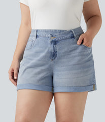 Plus Size Halara Flex™ Asymmetric High Waisted Rolled Hem Washed Denim Casual Shorts with Pockets