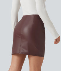 High Waisted 2-in-1 Ruched Crossover Hem Bodycon Fleece Mini Casual PU Leather Skirt