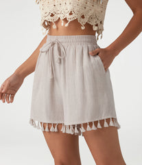 High Waisted Drawstring Fringe hem Resort Linen-Blend Baggy Shorts with Pockets
