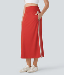 SoftlyZero™ QuickDry High Waisted Tummy Control 2-in-1 Color Block Midi Workout Skirt with Pockets