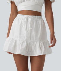 High Waisted Drawstring 2-in-1 Ruffle Hem Embroidery Resort A-line Skirt with Pocket