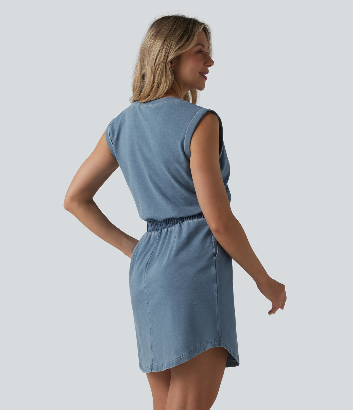 Halara Flex™ Denim Round Neck Sleeveless Curved Hem Mini Casual Dress with Pockets