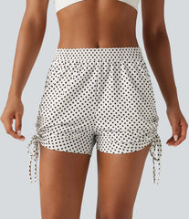 Mid Rise Gathered Hem Lace Up Polka Dot Casual Shorts 3" with Pockets