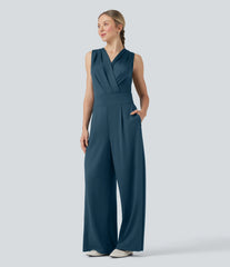 V-neck Sleeveless Pleated Crossover Tummy Control Casual Jumpsuit with Pockets-Easy Peezy