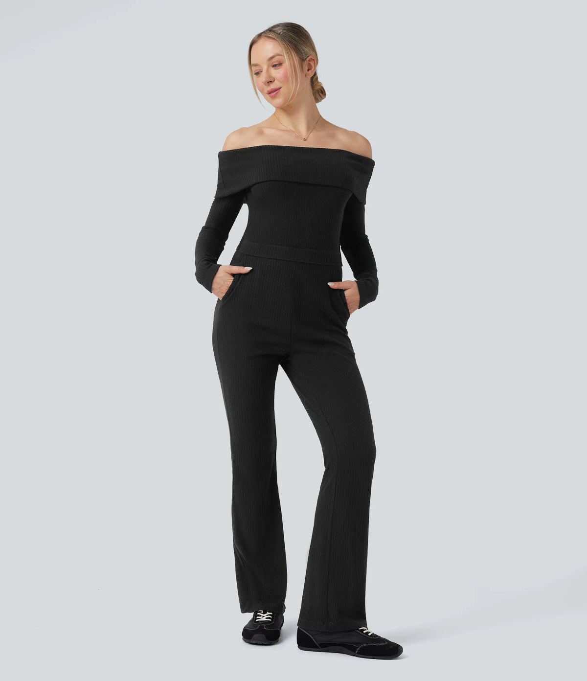Ribbed Knit Foldover Off Shoulder Long Sleeve Bootcut Casual Jumpsuit with Pockets-Easy Peezy Edition