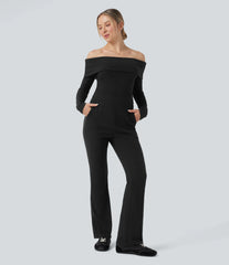 Ribbed Knit Foldover Off Shoulder Long Sleeve Bootcut Casual Jumpsuit with Pockets-Easy Peezy Edition