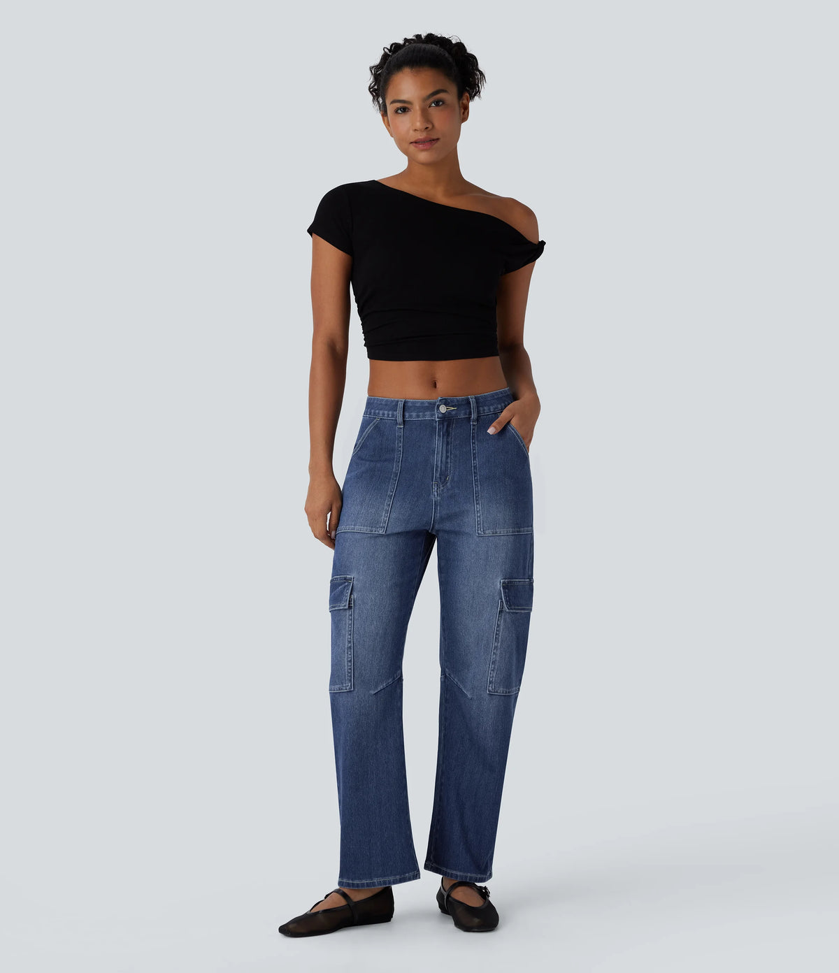 Halara Flex™ Mid Rise Pockets Washed Casual Barrel Cargo Jeans