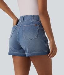 Halara Flex™ High Waisted Rolled Hem Denim Casual Shorts 4'' with Pockets