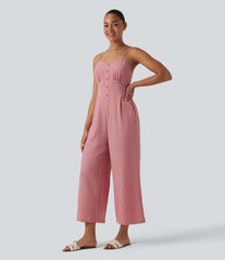 Tie Back Cut Out Stripe Linen-Feel Slip Jumpsuit with Pockets