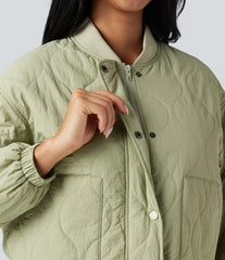 Stand Collar Long Sleeve Casual Bomber Quilted Jacket with Pockets