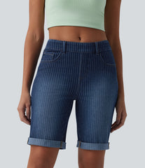 Halara Flex™ Mid Rise Rolled Hem Stripes Denim Casual Skinny Bermuda Shorts with Pockets