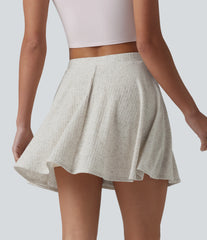 Ribbed Knit High Waisted 2-in-1 Flare Mini Casual Linen-Blend Skirt with Pockets