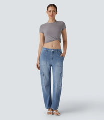 Halara Flex™ Mid Rise Pockets Washed Casual Barrel Cargo Jeans