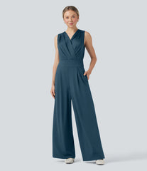 V-neck Sleeveless Pleated Crossover Tummy Control Casual Jumpsuit with Pockets-Easy Peezy