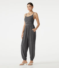 Adjustable Straps Ruched Built-in Bra Heathered Casual Jogger Jumpsuit with Pockets-Easy Peezy