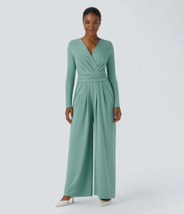 V Neck Long Sleeve Pocket Tie Back Casual Jumpsuit