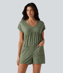 Cowl-back V-neck Cap Sleeve Heathered Casual Romper with Pockets-Easy Peezy