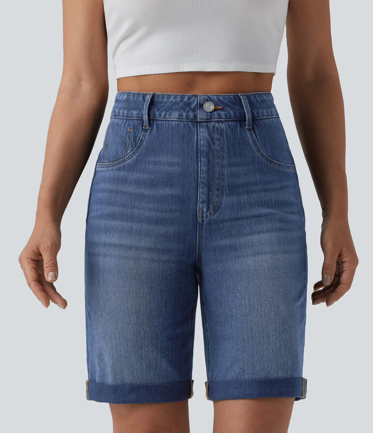Halara Flex™ High Waisted Tummy Control Rolled Hem Washed Denim Casual Shorts with Pockets