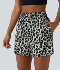 High Waisted Drawstring Leopard Print Casual Shorts with Pockets