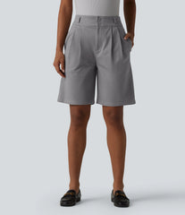 High Waisted Straight Leg Work Chino Cotton Bermuda Shorts with Pockets