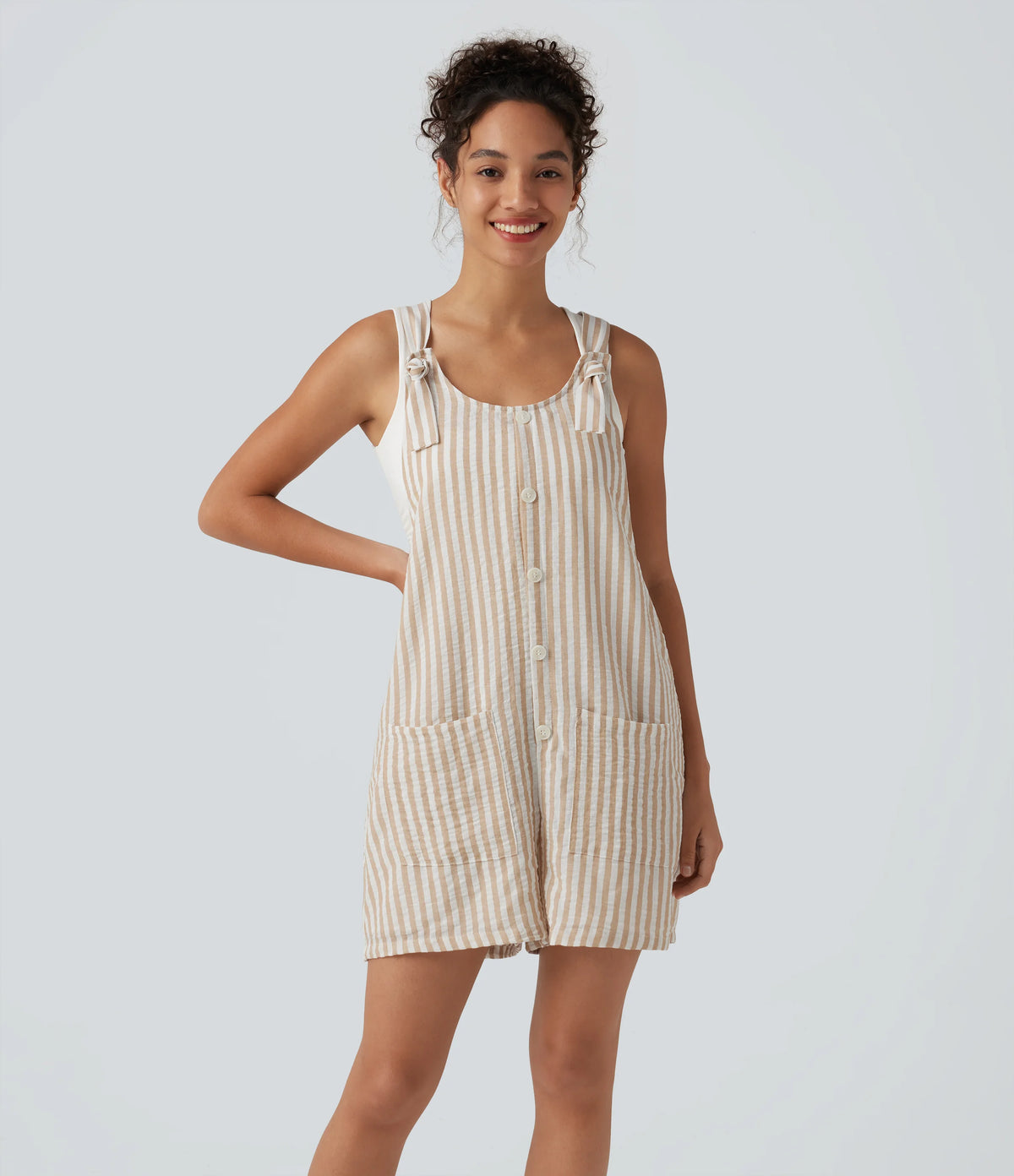 Knot Strap Stripe Casual Linen-Feel Short Overalls with Pockets