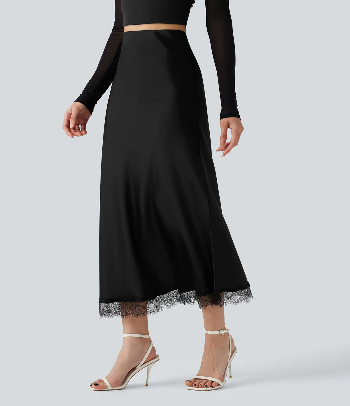High-waisted Satin Contrast Lace Midi Casual A-Line Skirt