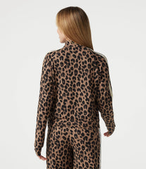 Stand Collar Zipper Long Sleeve Color Block Leopard Print Waffle Casual Jacket with Pockets