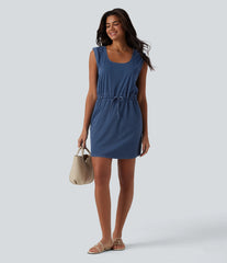 Halara Flex™ U-Neck Sleeveless Drawstring Mini Draped Lyocell Denim Casual Dress with Pockets