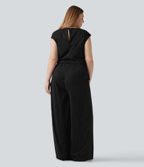 Plus Size Boat Neck Sleeveless Tie Side InstantCool Stripe Work Jumpsuit with Pockets-Easy Peezy Edition