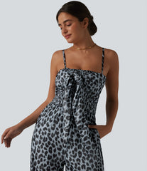 Tie-front Shirred Leopard Mesh Casual Slip Baggy Jumpsuit with Pockets