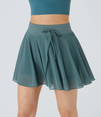 High Waisted Drawstring Contrast Mesh 2-in-1 Pocket Flowy Mini Flare Casual Skirt