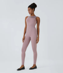 Round Neck Sleeveless Contrast Mesh Dance Jumpsuit