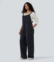Tie Back Chenille Waffle Casual Overalls with Pockets