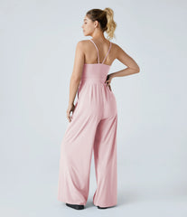 V-Neck Backless Invisible Zipper 2-in-1 Casual Slip Baggy Jumpsuit with Pockets