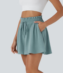 Paper Bag High Waist Drawstring Pocket Casual Linen-Feel Wide Leg Shorts