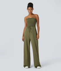 Tube Shirred Knot Pocket Wide Leg Casual Jumpsuit